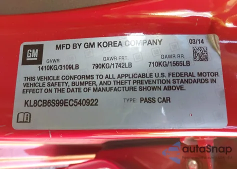 2014 Chevrolet Spark Ls Auto из США, поврежденный, VIN KL8CB6S99EC540922